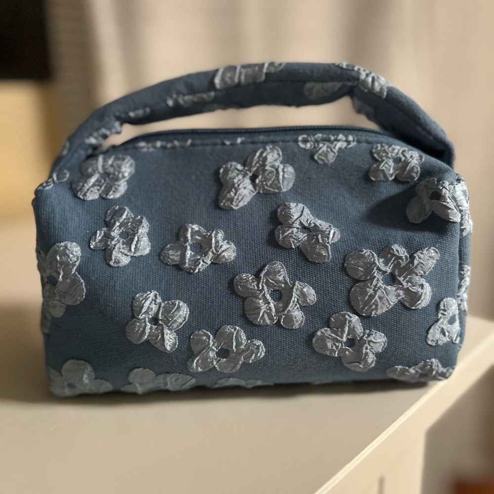 Blue Floral Embroidered Makeup Bag